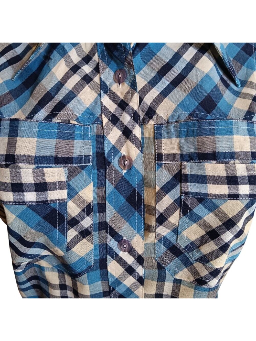 Small Womens Vintage Shirt 70's Blue Plaid Blouse Shirt Boho Hippie Distress